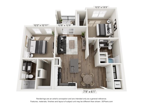 Floor plan for 2 beds, 2 baths, 1114 sqft